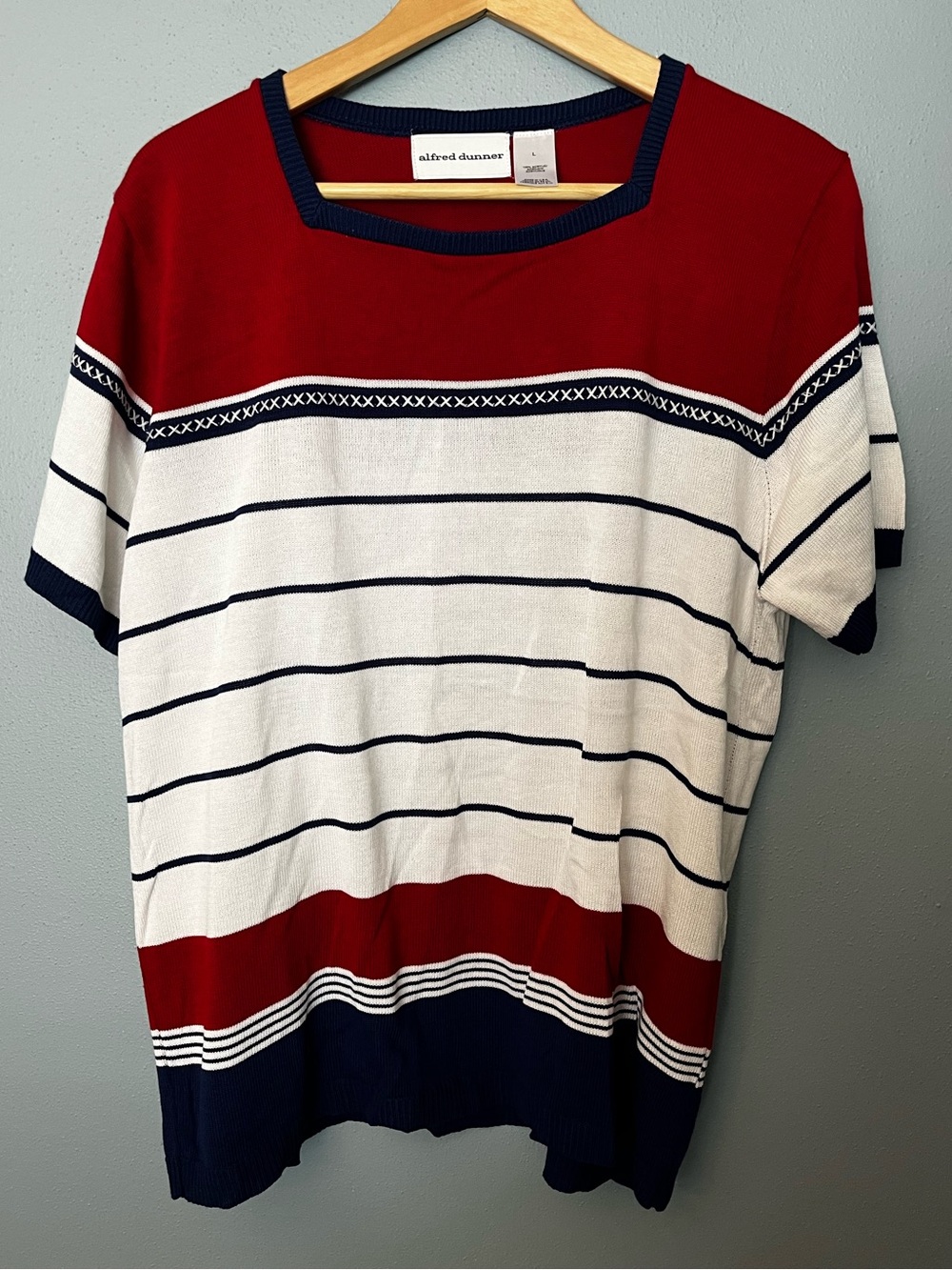 Alfred Dunner Red, White & Navy Striped Crewneck Sweater